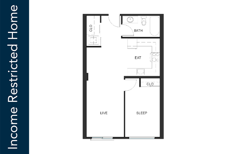 1x1 - A1 - 75% MFTE - Iron Flats - 1 bedroom floorplan layout with 1 bathroom and 665 - 667 square feet