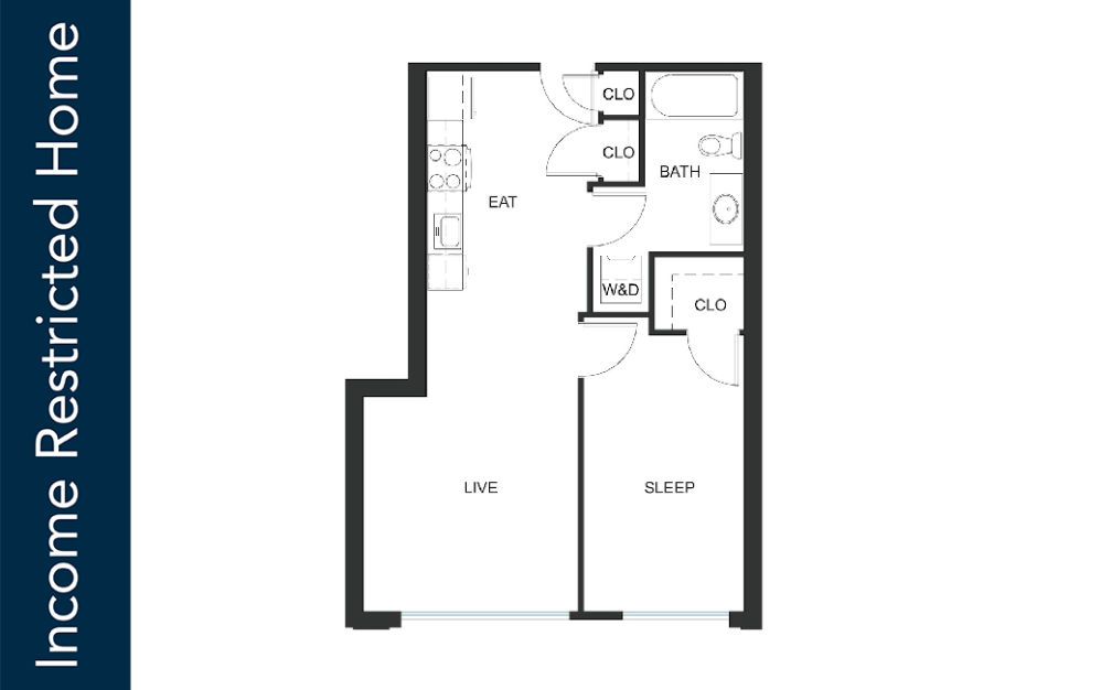 1x1 - A10 - 75% MFTE - Iron Flats - 1 bedroom floorplan layout with 1 bathroom and 635 square feet
