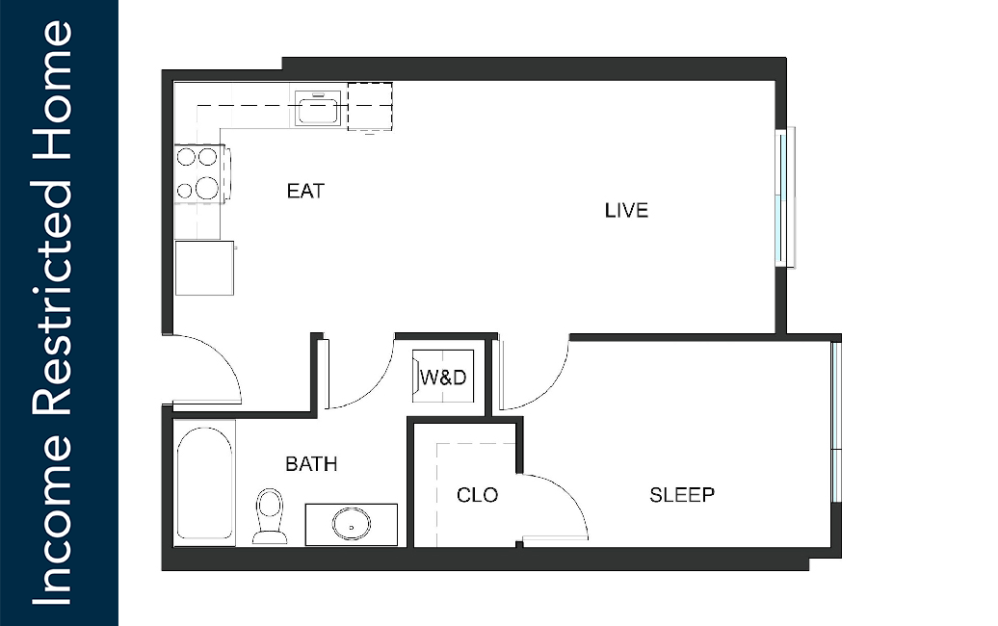 1x1 - A11 - 75% MFTE - Iron Flats - 1 bedroom floorplan layout with 1 bathroom and 605 square feet