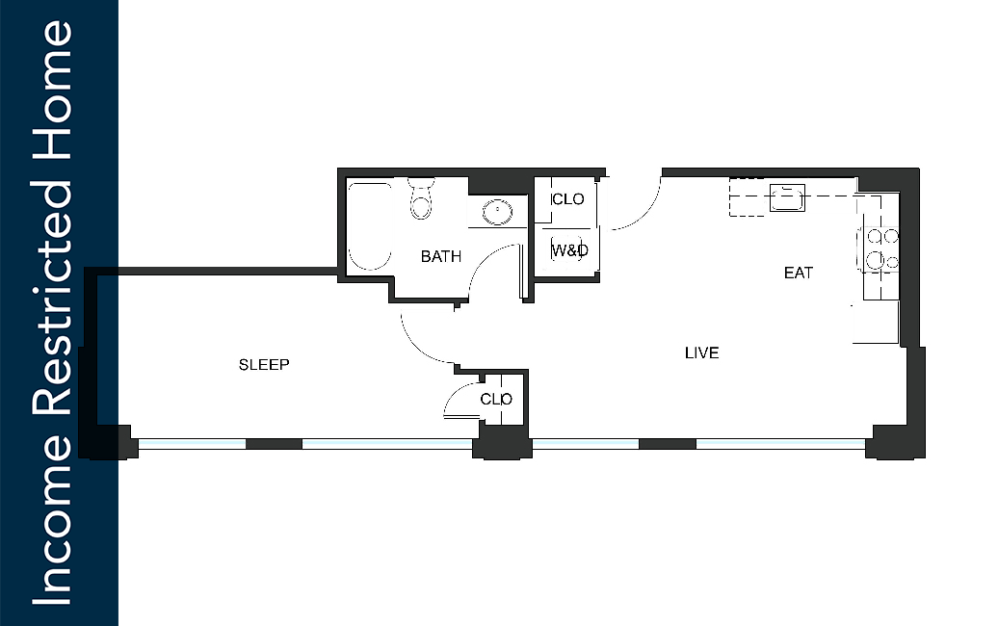 1x1 - A15 - 75% MFTE - Iron Flats - 1 bedroom floorplan layout with 1 bathroom and 652 square feet