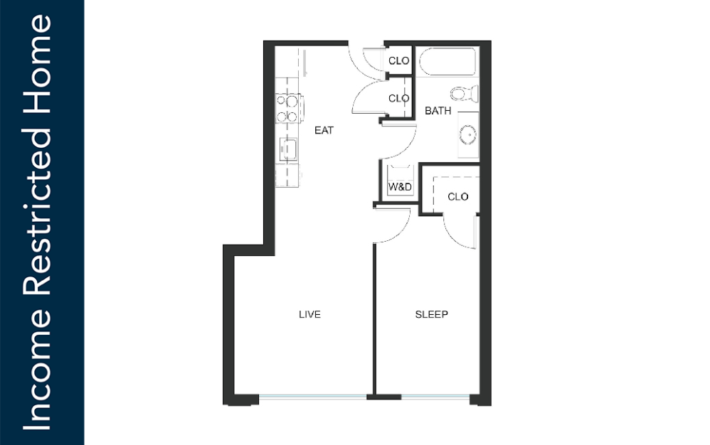 1x1 - A21 - 75% MFTE - Iron Flats - 1 bedroom floorplan layout with 1 bathroom and 573 square feet