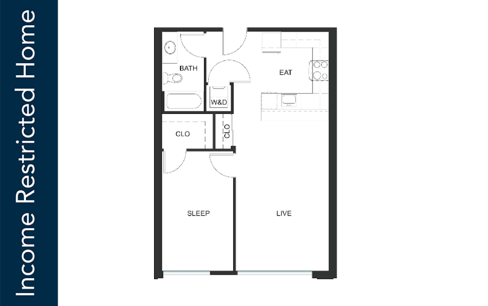 1x1 - A4 - 75% MFTE - Iron Flats - 1 bedroom floorplan layout with 1 bathroom and 558 - 725 square feet