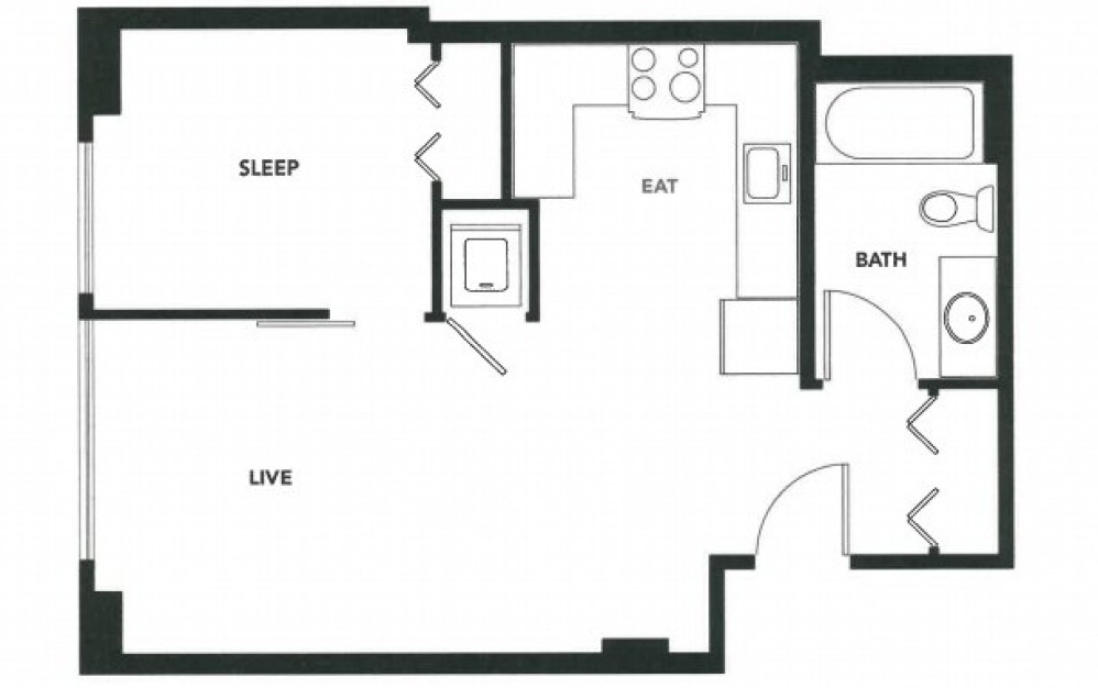 1x1 - A1 - Theo - 1 bedroom floorplan layout with 1 bathroom and 572 - 578 square feet