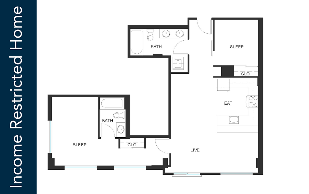 2x2 + Den - A3 - 80% IZ - Iron Flats - 2 bedroom floorplan layout with 2 bathrooms and 971 square feet