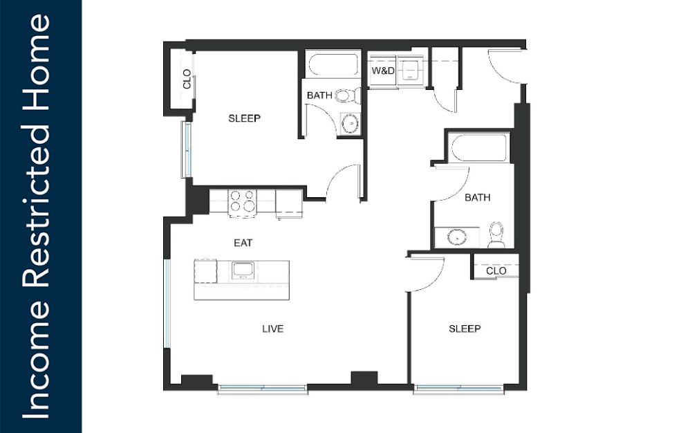 2x2 - C1 - 85% MFTE - Iron Flats - 2 bedroom floorplan layout with 2 bathrooms and 982 square feet