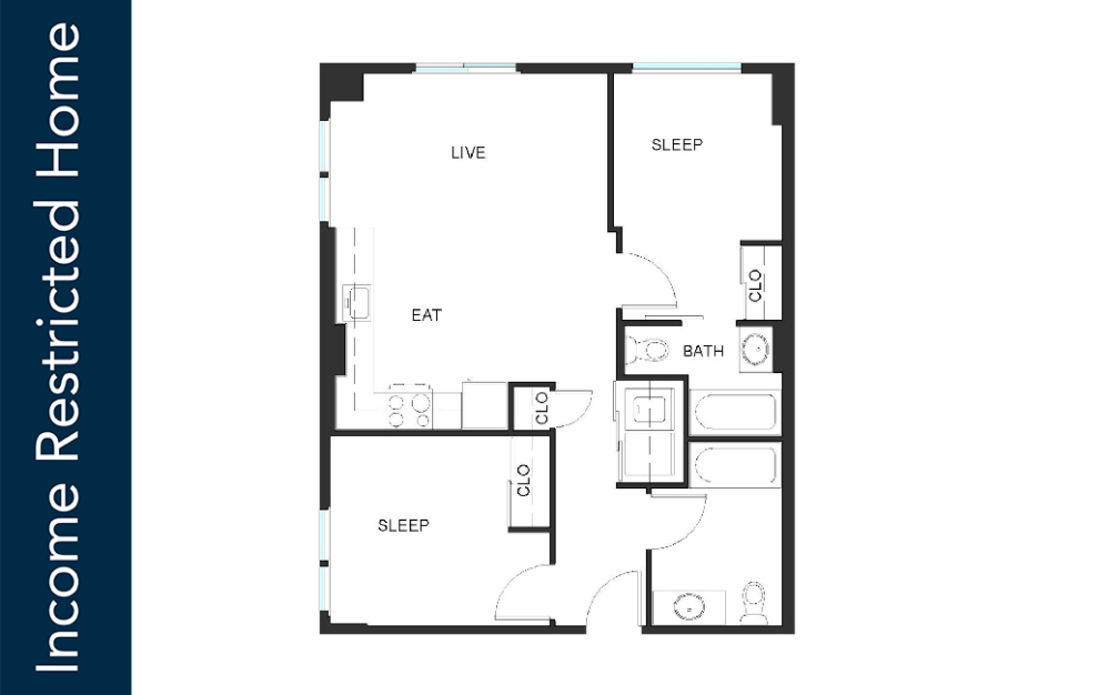 2x2 - C5 - 85% MFTE - Iron Flats - 2 bedroom floorplan layout with 2 bathrooms and 800 square feet