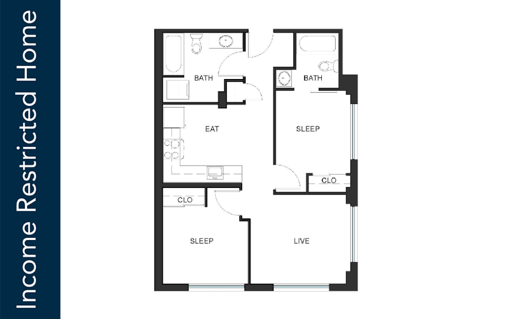 2x2 - C6 - 80% IZ - Iron Flats - 2 bedroom floorplan layout with 2 bathrooms and 730 square feet