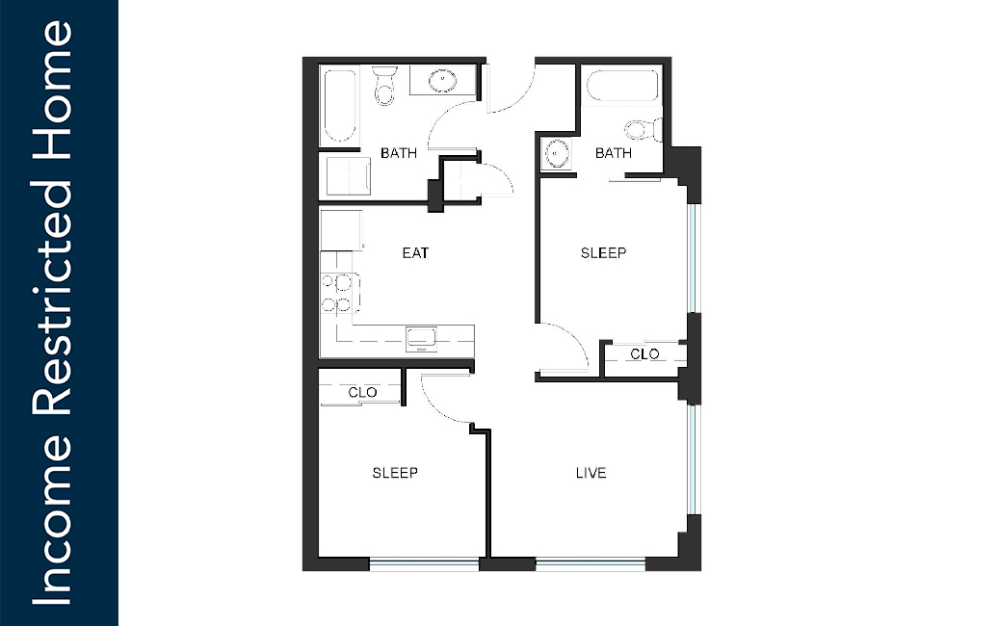 2x2 - C6 - 85% MFTE - Iron Flats - 2 bedroom floorplan layout with 2 bathrooms and 730 square feet