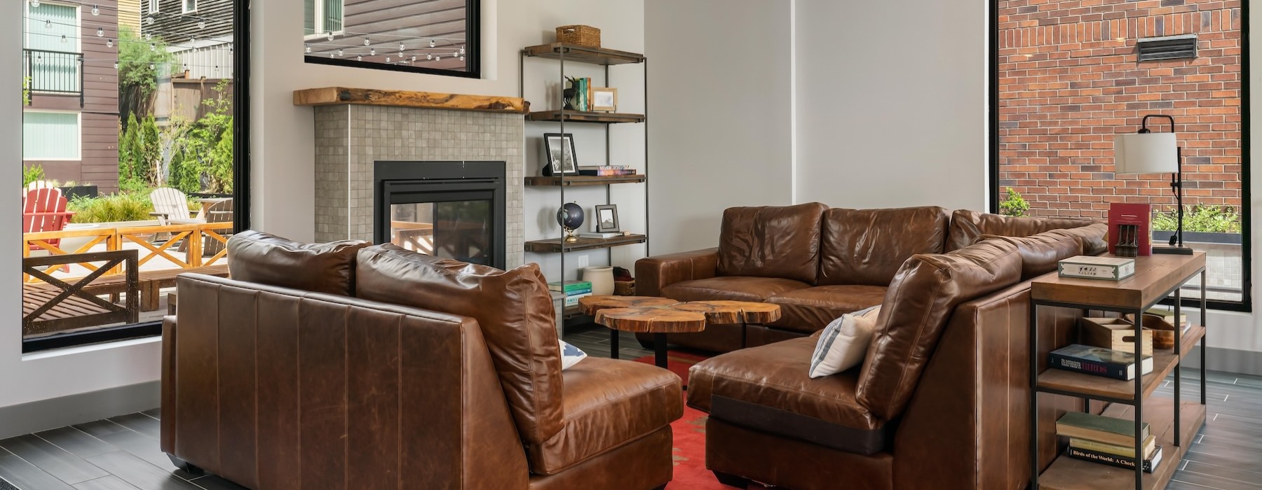 a living room with a fireplace