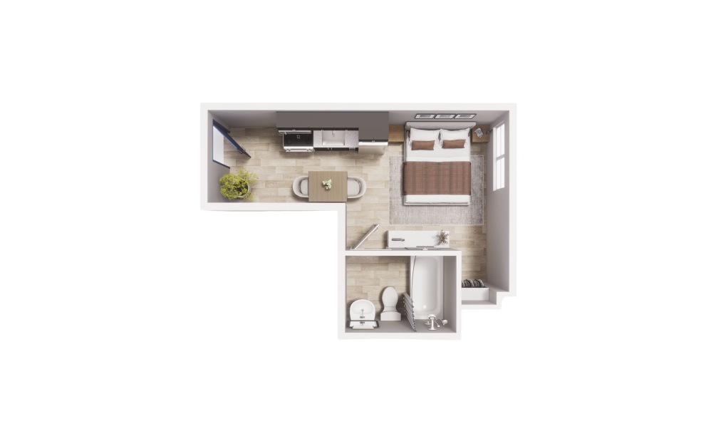 Studio - S1 - Maude - Studio floorplan layout with 2 bathrooms and 244 square feet