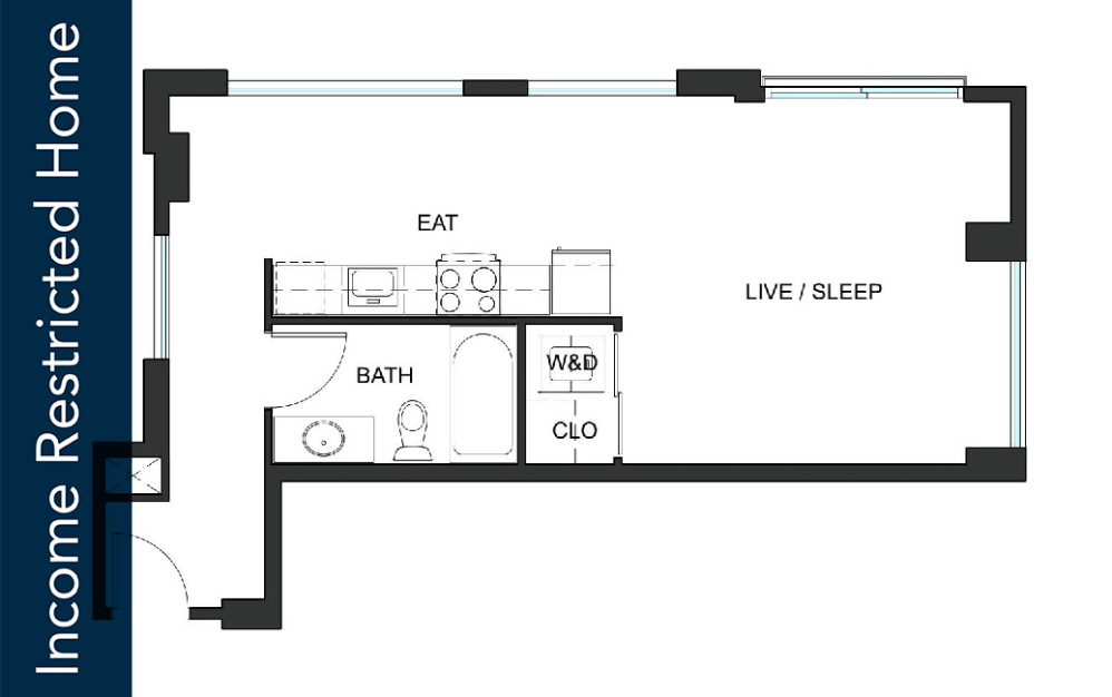Studio - S1 - 80% IZ - Iron Flats - Studio floorplan layout with 1 bathroom and 588 - 589 square feet
