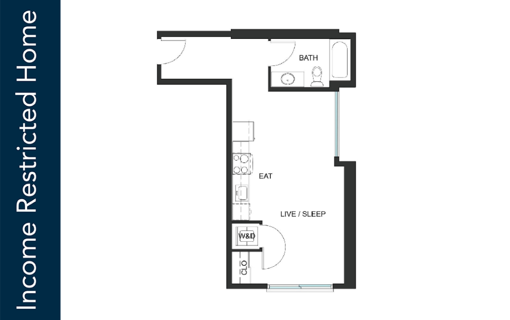 Studio - S2 -65% MFTE - Iron Flats - Studio floorplan layout with 1 bathroom and 491 - 535 square feet