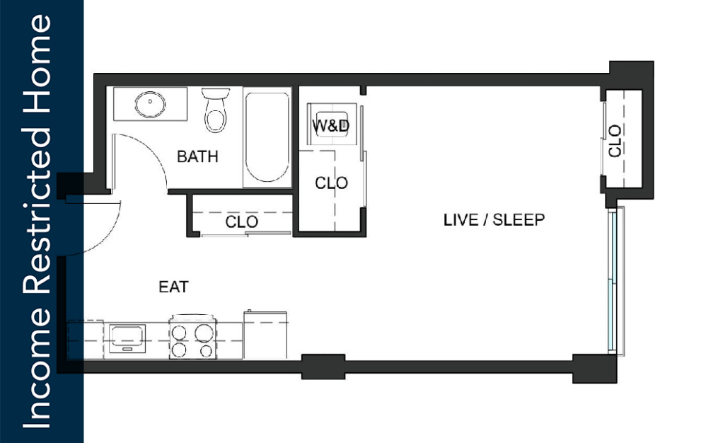 Studio - S5 - 80% IZ - Iron Flats - Studio floorplan layout with 1 bathroom and 472 - 476 square feet