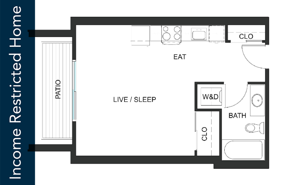 Studio - S8 - 65% MFTE - Iron Flats - Studio floorplan layout with 1 bathroom and 458 - 459 square feet